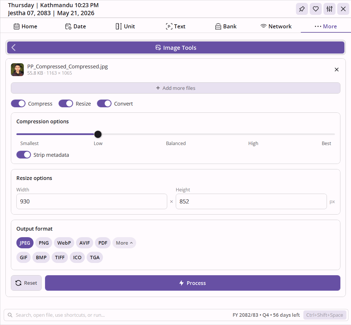 Image Tools showing batch compression, resize, and format conversion with quality slider